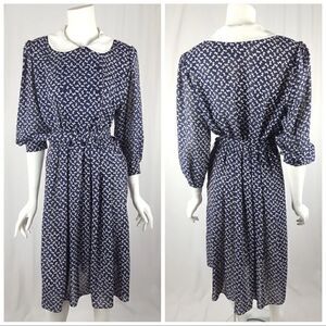 Vintage VLP Petites Womens Size 10 Navy Blue Bow Print Belted Collar Midi Dress